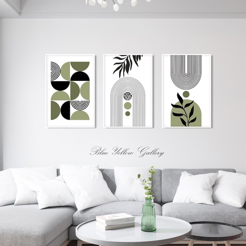 Black olive green boho printable art set of 3 prints. Mid century modern abstract wall art, neutral room decor aesthetic boho posters