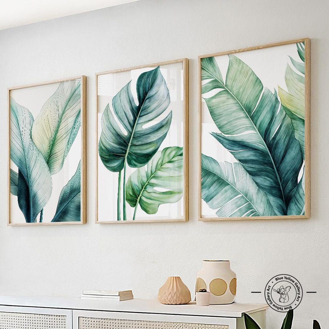 Emerald Green Tropical Leaves Wall Art Set of 3 Prints. Modern ...