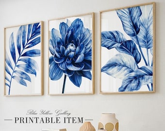 Navy blue botanical nordic printable art set of 3. Indigo large abstract leaves gallery wall set, minimalist nature wall decor