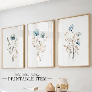Neutral floral farmhouse wall art set of 3. Modern abstract botanical gallery wall set. Nature wall art, blue willd flowers wall prints