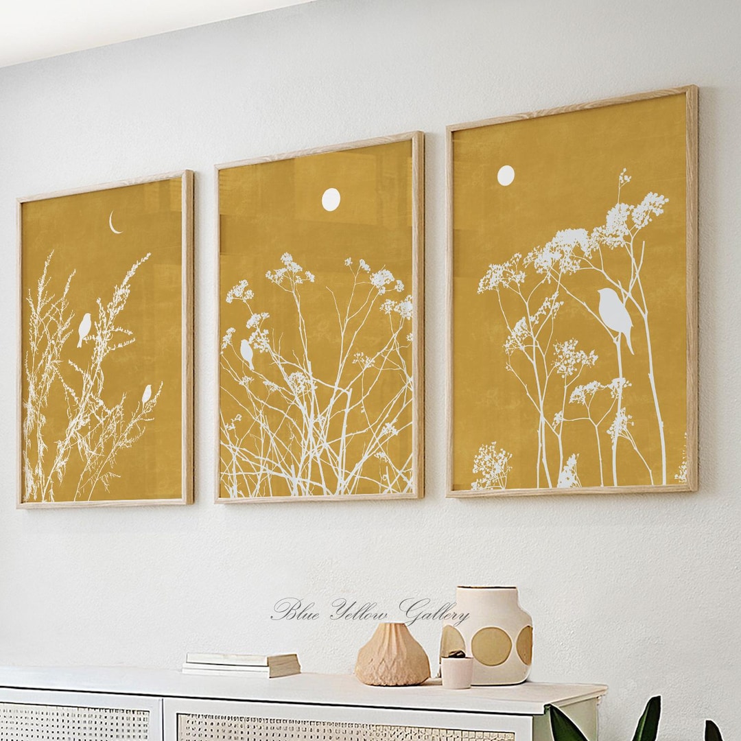 Mustard Yellow Botanical Wall Art Set of 3, Modern Wildflowers Gallery ...
