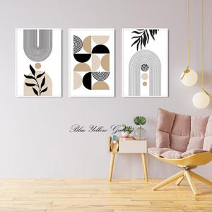 Neutral Beige Black Mid Century Modern Wall Art Set of 3 Print ...