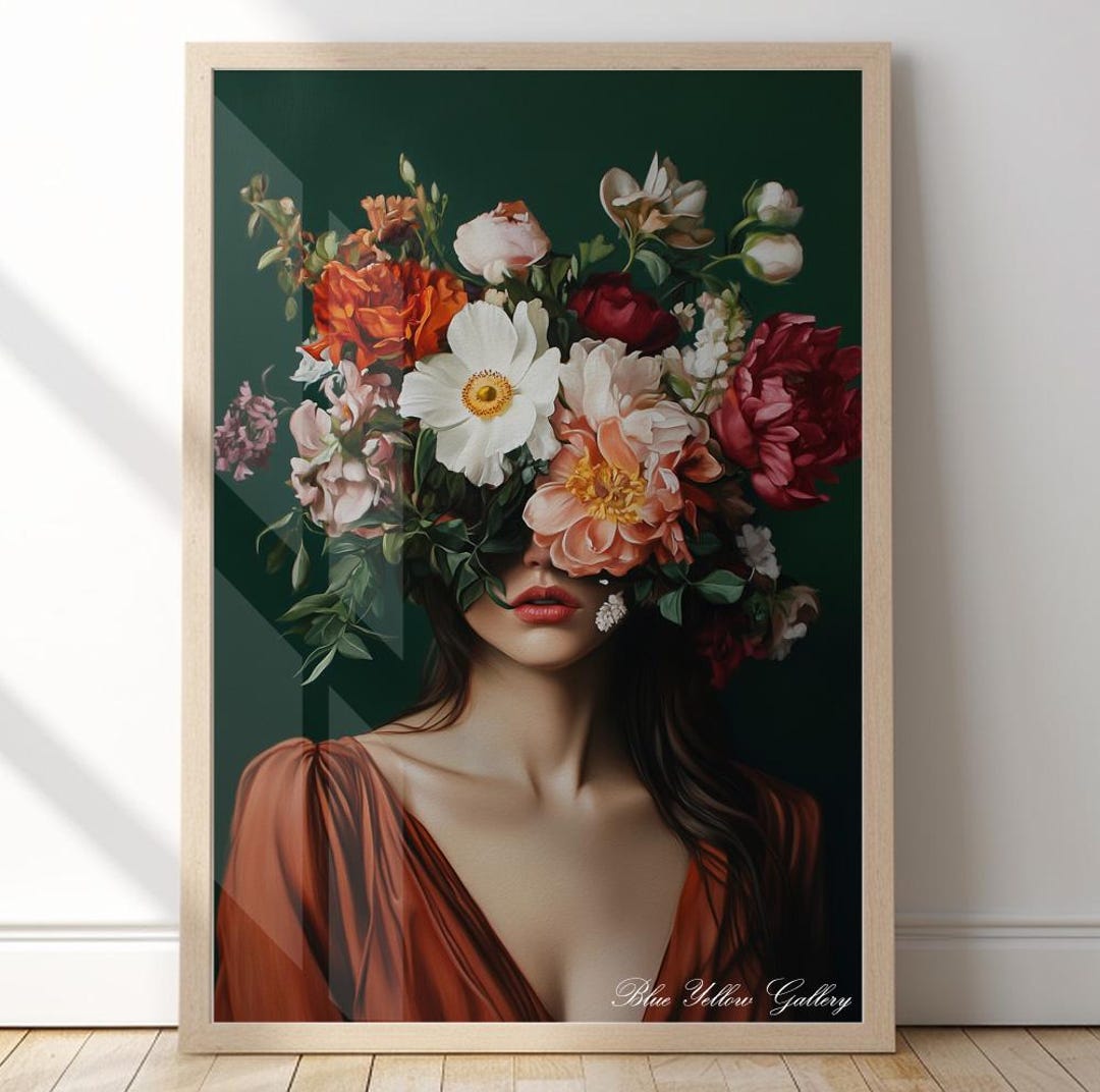 Emerald Green Woman With Flowers Oil Painting, Abstract People Art ...