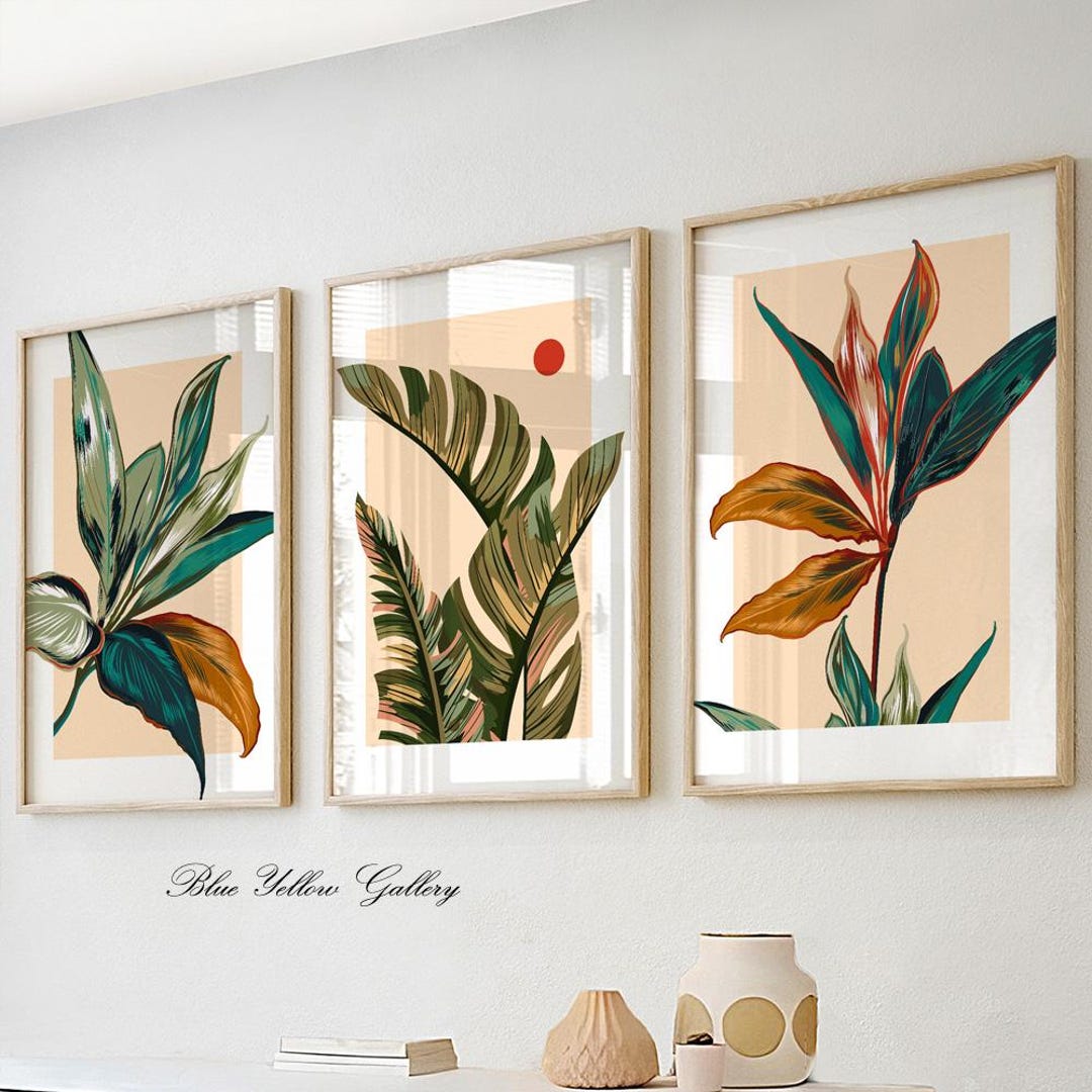 Colorful Beige Botanical Wall Art Set of 3 Prints. Modern Tropical ...