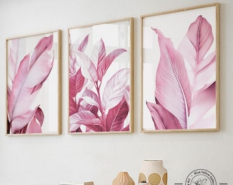 Pink tropical palm leaves art set of 3. Modern botanical gallery wall art prints. Neutral above bed decor, girly wall art