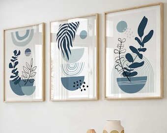Printable navy blue mid century modern wall art set of 3 print. Bohemian botanical posters. Boho abstract plants above bed gallery wall set