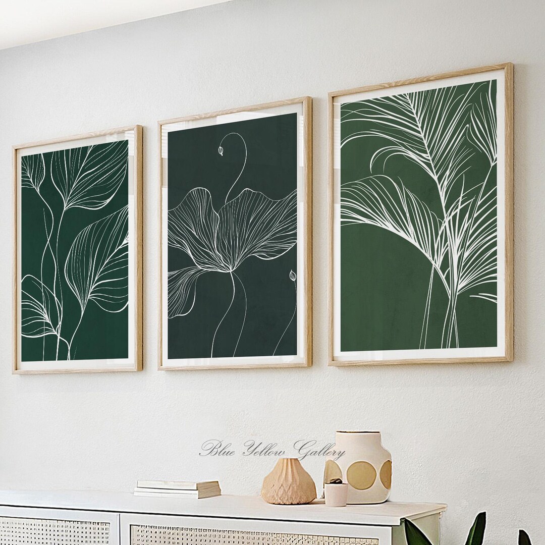 Emerald Green Minimalist Botanical Wall Art Set of 3 Prints, Abstract ...