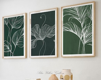 Smaragdgroen minimalistische botanische muurkunst set van 3 prints, abstracte bladposters, modern groen bohoprints, tropische plant lijntekening
