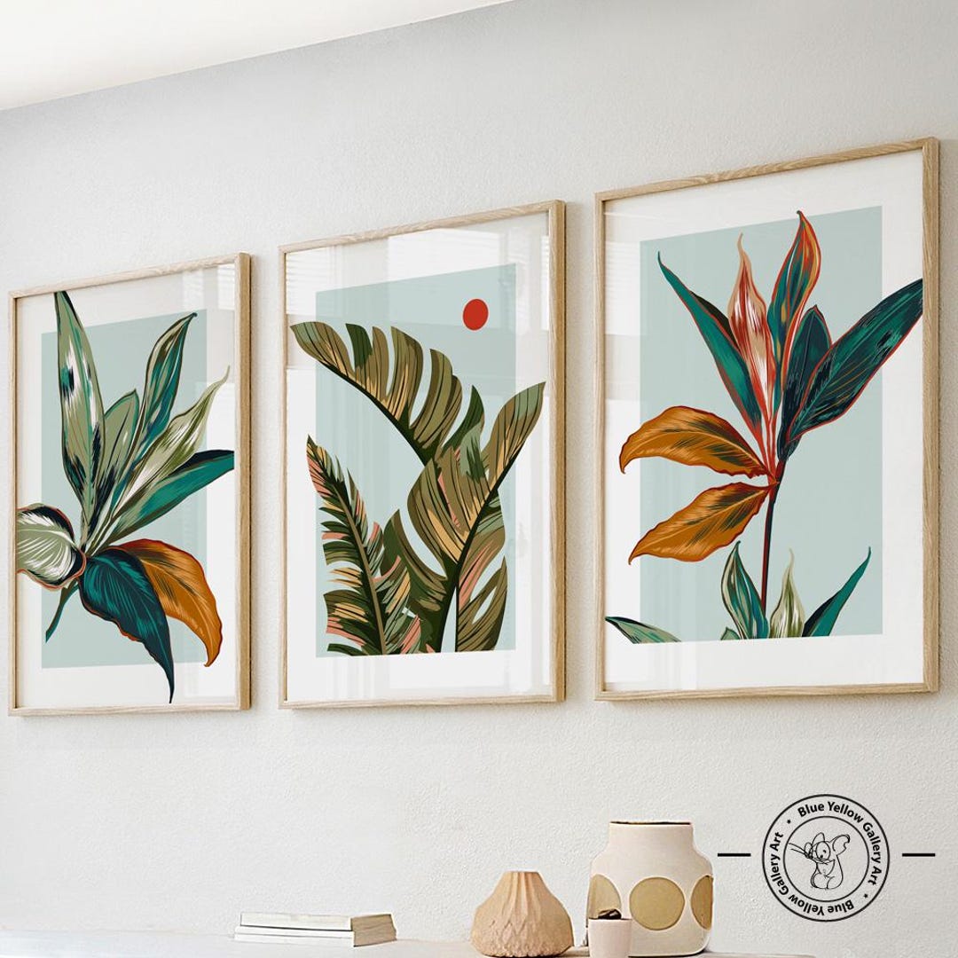 Colorful Blue Botanical Wall Art Set of 3 Prints. Modern Tropical ...