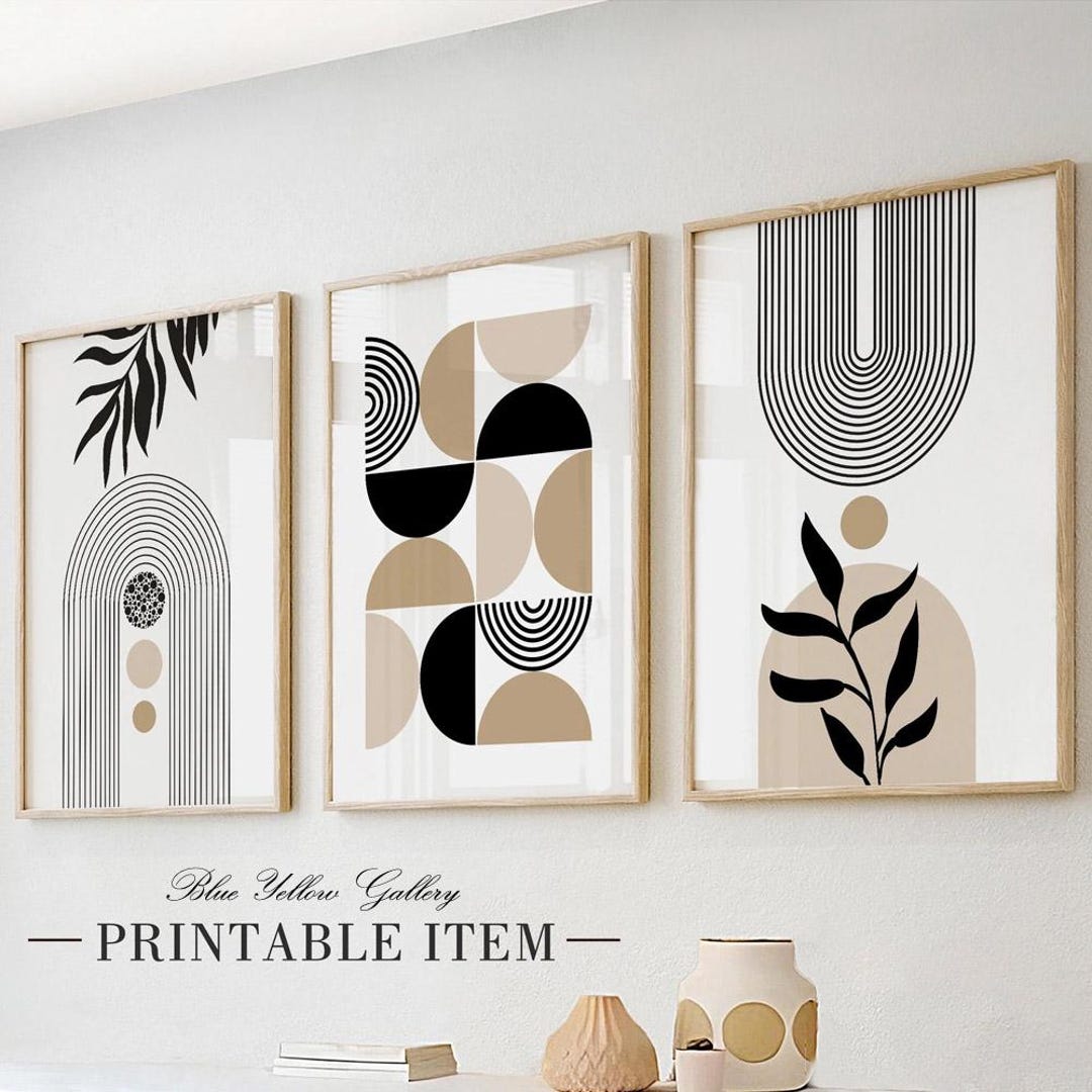 Neutral Beige Black Mid Century Modern Wall Art Set of 3 Print ...
