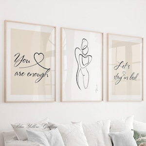 Juego de 3 impresiones decorativas para pared de dormitorio de pareja en color beige, arte de pared romántico, citas de amor minimalistas sobre pósteres de cama. Decoración del hogar para el día de San Valentín.