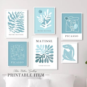 Blue mid century print set of 6. Neutral minimalist Matisse, Picasso printable gallery wall set, Henri Matisse exhibition poster set