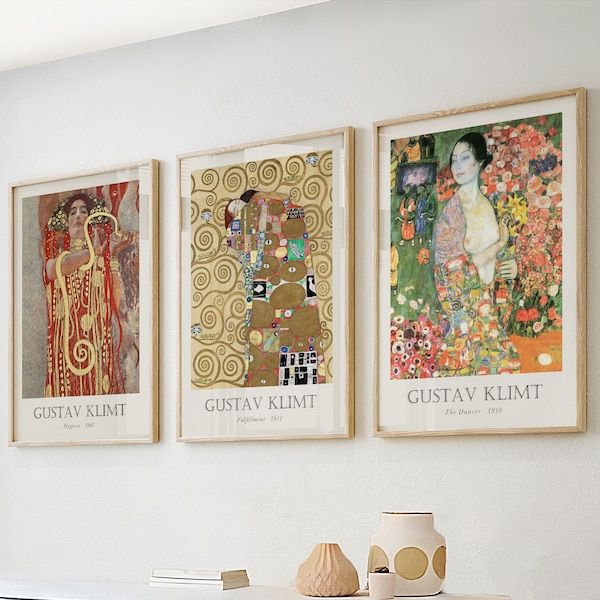 Gustav Klimt Print ensemble de 3. Affiche d’exposition Gustav Klimt ensemble mural de galerie imprimable, décor de salle esthétique vintage de haute qualité