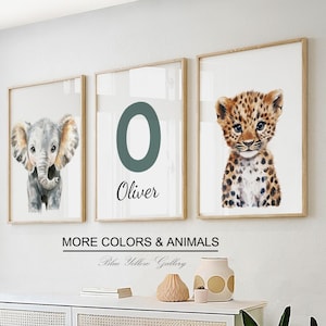 Custom baby name woodland nursery wall art, jungle animals nursery decor, set of 3 personalized prints, cute baby animal prints
