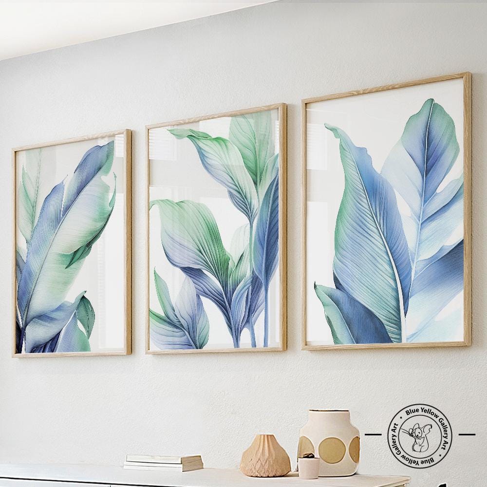 Green Blue Tropical Leaves Wall Art Set of 3 Prints. Botanical Gallery ...