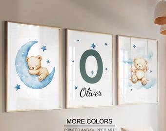Personalized Teddy Bear Nursery Prints, Baby Boy Decor Set of 3