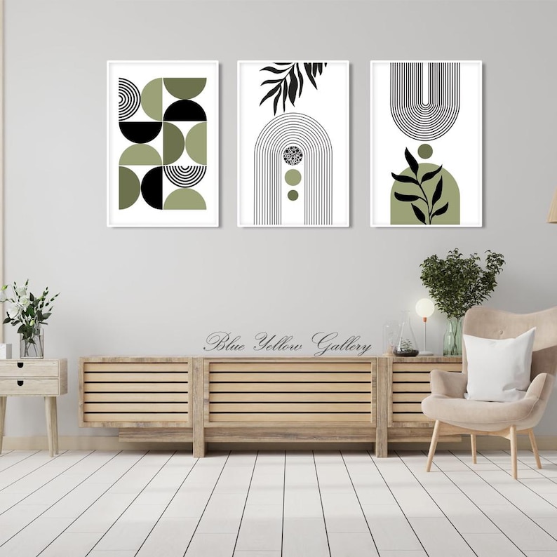 Black olive green boho printable art set of 3 prints. Mid century modern abstract wall art, neutral room decor aesthetic boho posters