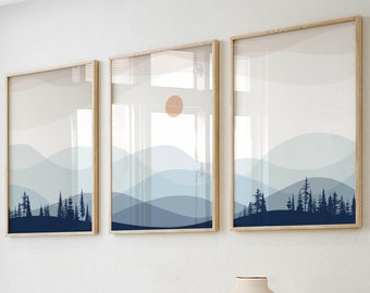 Navy blue abstract boho mountains print set of 3. Pastel mid century modern nature sunrise minimalist gallery wall set.