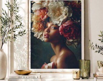 Vintage Floral Woman Wall Art, Elegant Feminine Portrait, Botanical Fashion Art Print, Luxury Aesthetic Decor