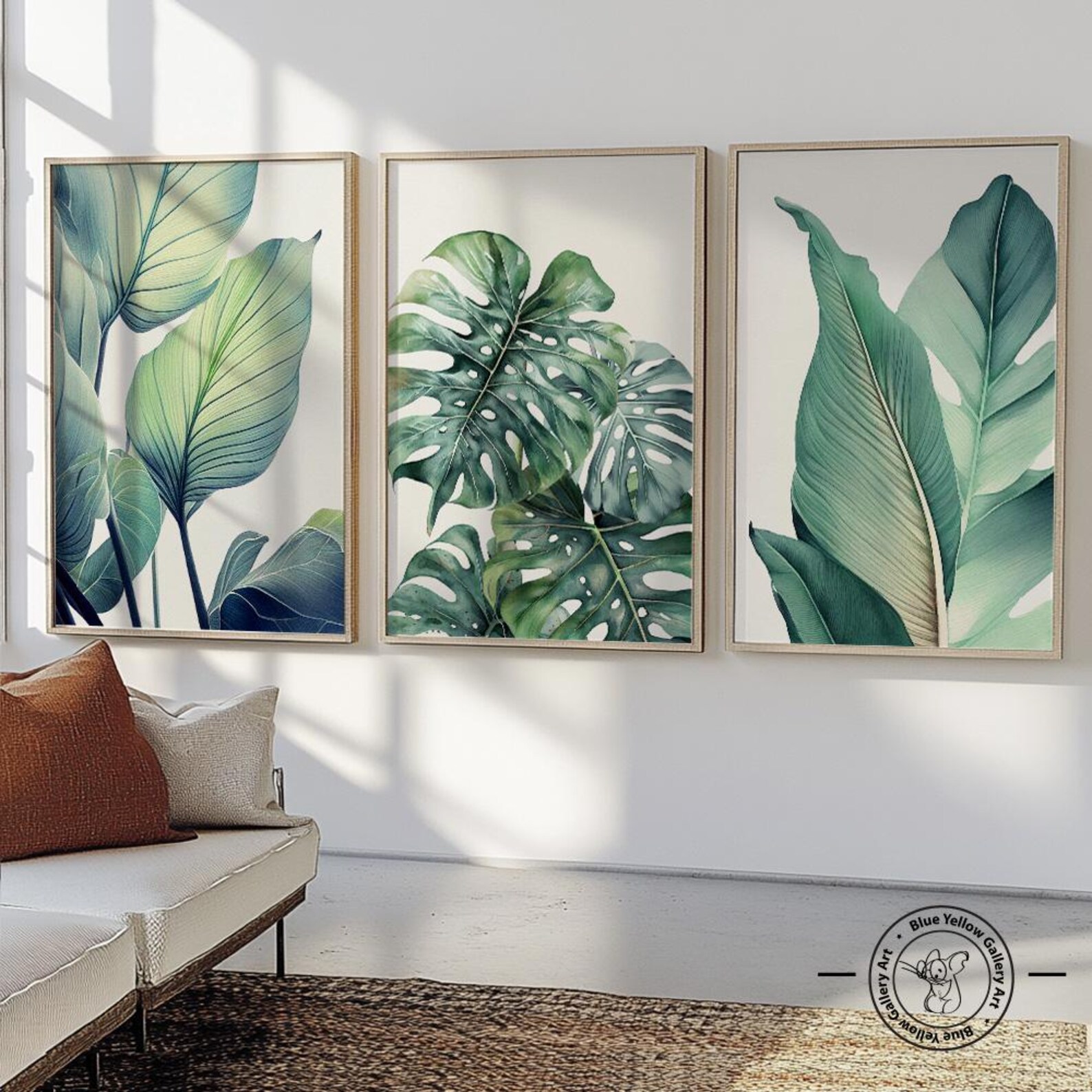 Green Tropical Leaves Art Set of 3 Prints. Modern Botanical Greenery ...