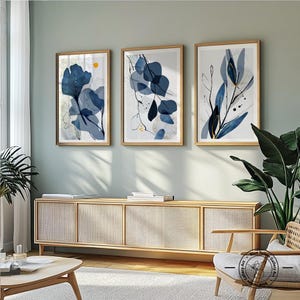 Navy Blue Botanical Wall Art Set of 3. Indigo Large Abstract Leaves Art ...