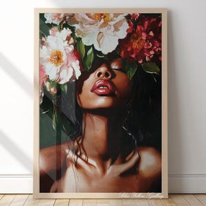 African American Floral Female Portrait, Black Woman Wall Art Print, Modern Black Girl Wall Art, Abstract People Art, Afrocentric Room Decor