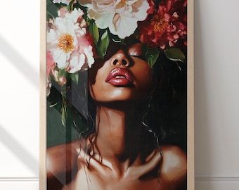 African American Floral Female Portrait, Modern Black Girl Wall Art, Abstract People Art, Black Woman Wall Art Print, Afrocentric Room Decor