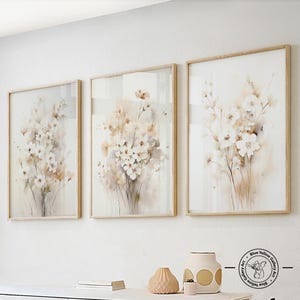 Neutral beige floral wall art set of 3 prints. Nature willd flowers farmhouse wall art. Modern boho botanical gallery wall set.