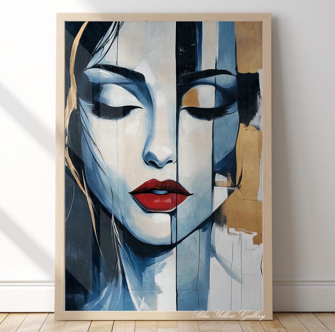 Navy Blue Abstract Woman Wall Art Print, Modern Abstract People Art ...