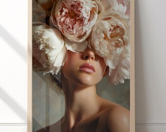 Floral Woman Wall Art, Romantic Peony Portrait Print, Moody Feminine Bedroom Decor, Large Botanical Fashion Art, Luxury Canvas Print