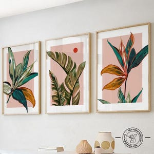 Colorful tropical wall art set of 3 prints. Modern bright leaves gallery wall set, apartment room decor aesthetic minimalist triptych