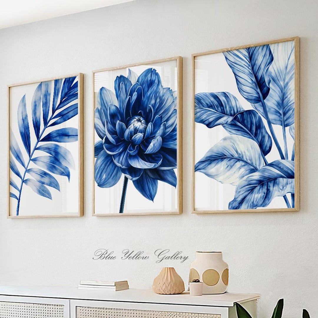 Navy Blue Botanical Gallery Wall Set of 3 Print. Minimalist Nature Room ...