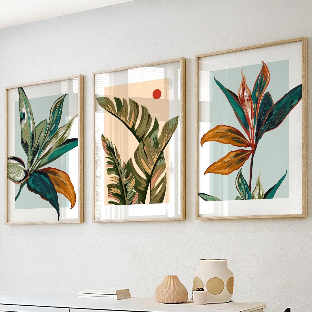 Colorful Floral Wall Art Set of 3 Prints. Modern Tropical Leaves ...
