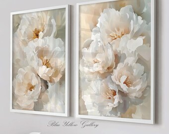 Juego de 2 láminas modernas de peonías. Conjunto de cuadros florales neutros para pared. Arte botánico pastel para pared. Decoración de pared para dormitorio en tonos apagados.
