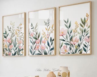 Neutral botanical wall art set of 3 prints, boho floral prints. Summer wildflowers, botanical prints, watercolour wildflowers prints