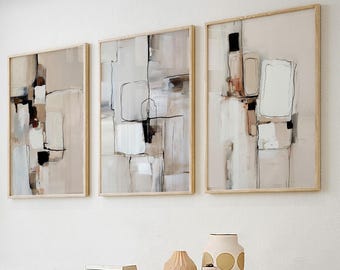 Neutral Abstract Wall Art Set of 3, Minimalist Beige Canvas Prints, Organic Modern Decor