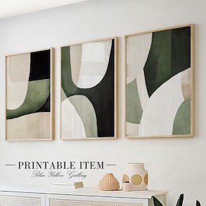 Beige Olive Green Abstract Brush Wall Art Set of 3. Modern Nordic Gallery Wall Set. Above Bed Decor, Living Room  Geometric Art