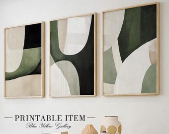 Beige Olive Green Abstract Brush Wall Art Set of 3. Modern Nordic Gallery Wall Set. Above Bed Decor, Living Room  Geometric Art