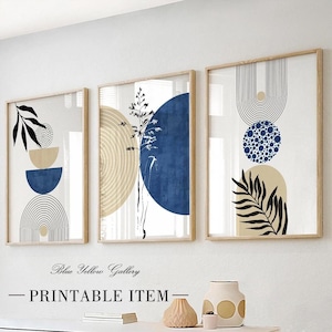 Conjunto para impressão de 3 impressões abstratas em azul e bege de meados do século. Arte de parede boho moderna, conjunto de galeria de arte digital geométrica para download, decoração de parede boho.