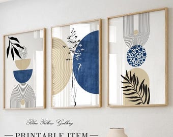Printable set of 3 blue beige abstract mid century print. Modern Boho Wall Art, Geometric Digital Download gallery wall set, boho wall decor