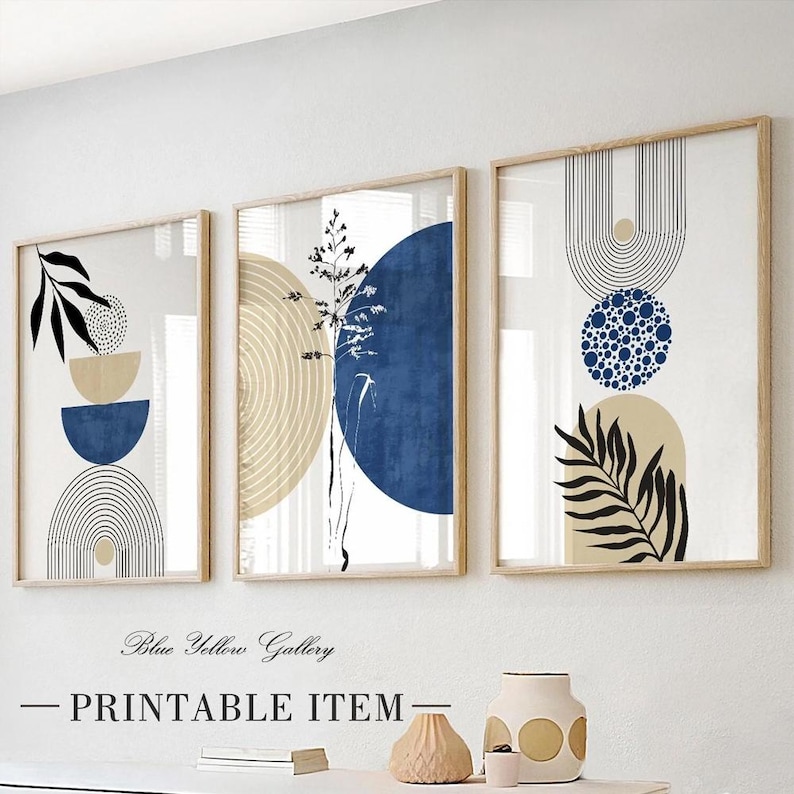 Printable Set of 3 Blue Beige Abstract Mid Century Print. Modern Boho ...