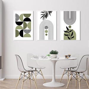 Black olive green boho printable art set of 3 prints. Mid century modern abstract wall art, neutral room decor aesthetic boho posters