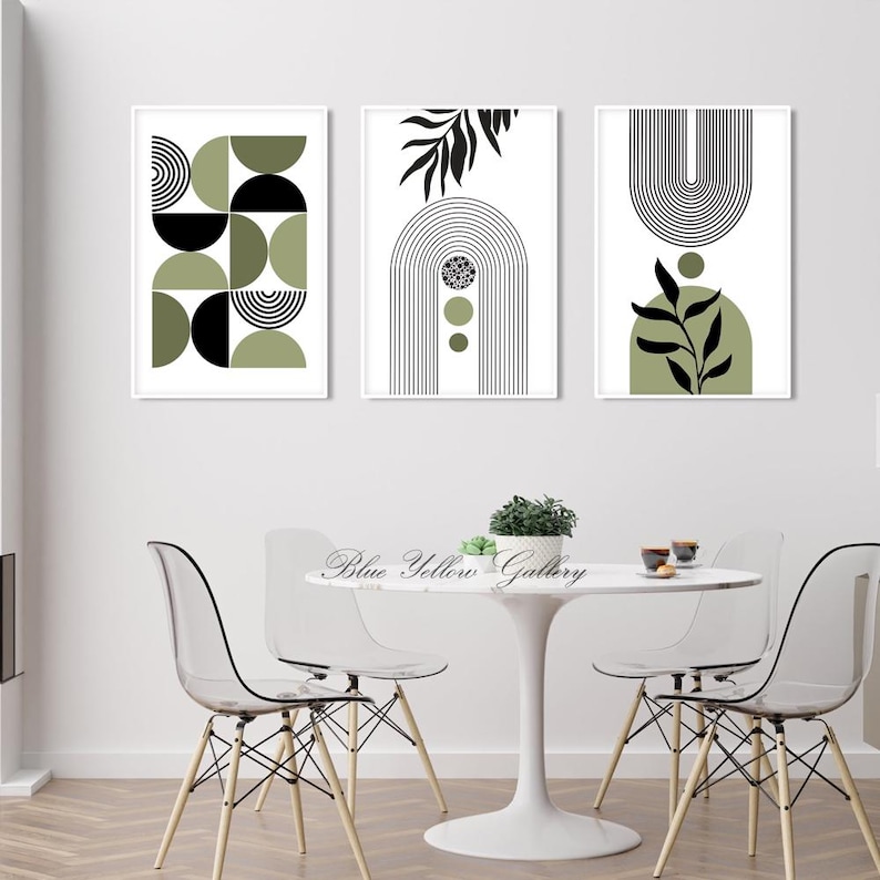 Black olive green boho printable art set of 3 prints. Mid century modern abstract wall art, neutral room decor aesthetic boho posters