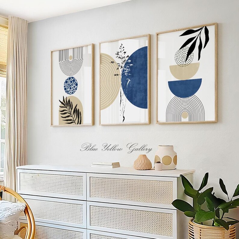 Navy Blue Abstract Boho Gallery Wall Set of 3 Prints. Mid Century ...