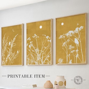 Ensemble de 3 impressions d'art mural de ferme minimaliste jaune moutarde. Ensemble mural moderne de galerie de paysages abstraits. Art imprimable nature