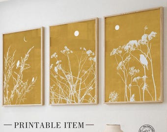 Mustard yellow minimalist farmhouse wall art set of 3 prints. Modern abstract landscape gallery wall set. Nature  printable art