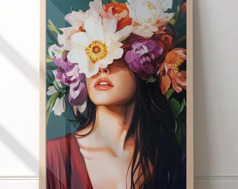 Estampado de mujer con flores, arte mural floral femenino, retrato abstracto bohemio, arte figurativo ecléctico de personas, decoración mural moderna de mediados de siglo