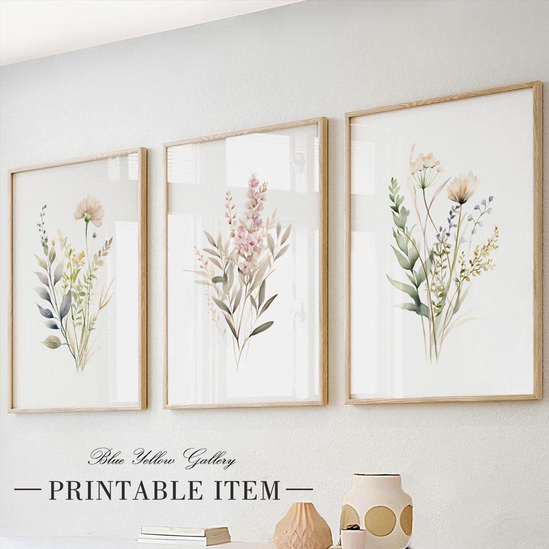 Neutral Wild Flowers Wall Art Set of 3 Prints, Watercolor Botanical ...