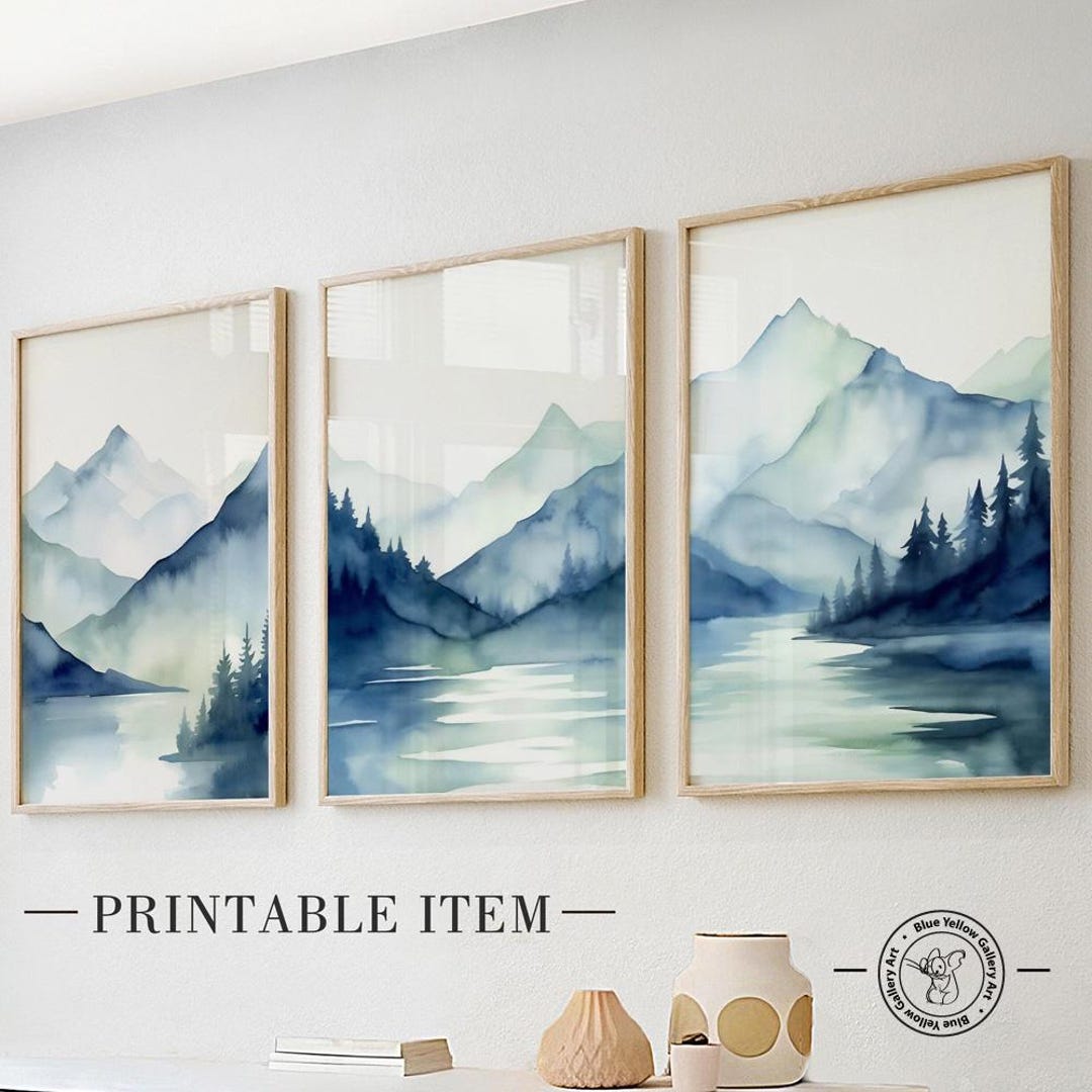 Navy Blue Abstract Mountains Print Set of 3 Prints. Mid Century Modern ...