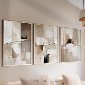 Zestaw 3 neutralnych, abstrakcyjnych grafik ściennych, beżowo-czarna, minimalistyczna sztuka ścienna, duża, nowoczesna dekoracja ścienna do salonu lub sypialni